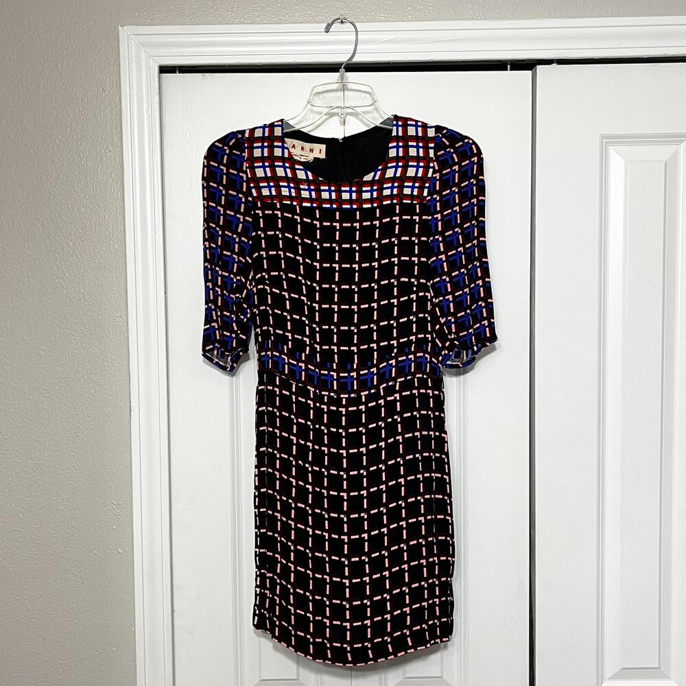 Marni Silk Dress Womens 36 Multicolor Check Sheath Lined 3/4 Sleeve Made Italy